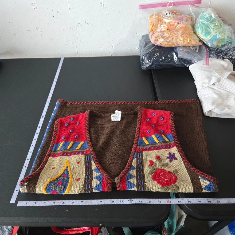 Vintage Stephanie K Womens Knit Vest Medium Patchwork‎ Grannycore Cottage Boho